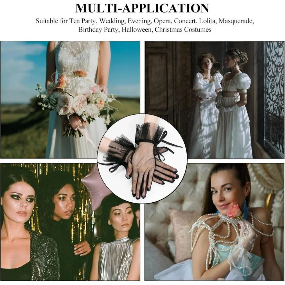 Women's Tulle Long Keeper Bow Lace Gloves Black Opera Bridal Wedding Party Tea